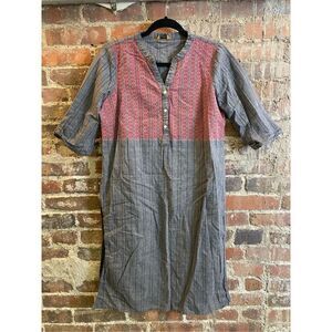 Aurelia 100% Cotton Gray Tunic Dress with Red Embroidery 1/4 Sleeve and Button-u